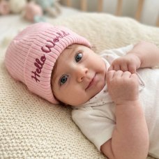 KW123: Baby Embroidered Hello World Knitted Hat- Pink (Newborn -3 Months)